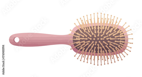 A pink hairbrush with tan pins is centered against a white backdrop