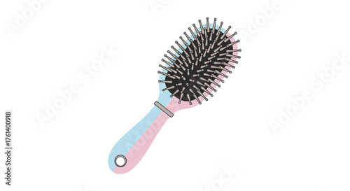 An oval hairbrush with blue and pink handle and grey bristles on a black cushion