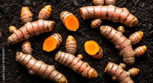 Overhead view of turmeric roots with earthy high quality stock illustration for commercial use
