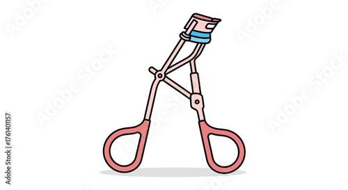 Pink eyelash curler with black outline blue pad on white background with subtle shadow