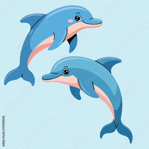 Two Cute Cartoon Dolphins Swimming Together, Dolphin Illustration Pair, Kawaii Style Blue Dolphin Characters, Vector Graphic of Two Friendly Bottlenose Dolphins on a Light Blue Background