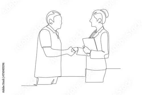 Office staff shake hands with regular customers. Greeting familiar customers concept one-line drawing