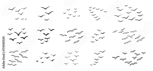 Birds flying line in the sky set. Ink grunge flock of birds afar brush hand drawn. markers and crayons