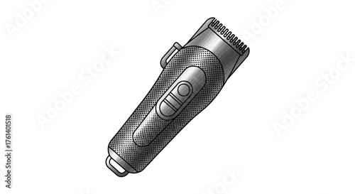 A grayscale image of a hair clipper detailed with dots and lines angled on a white background