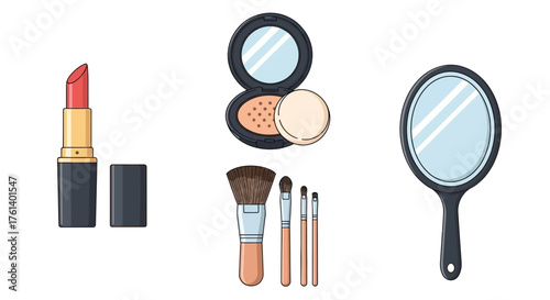 Cosmetic collection lipstick powder compact brushes and hand mirror