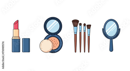 Four illustrated makeup items lipstick powder compact brushes handheld mirror