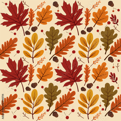 Seamless repeating pattern of colorful autumn leaves, acorns, and berries on a light beige background, perfect for fall designs and textiles.