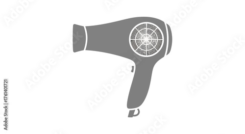 A grayscale hair dryer with a textured front panel and grip handle is featured on a white background