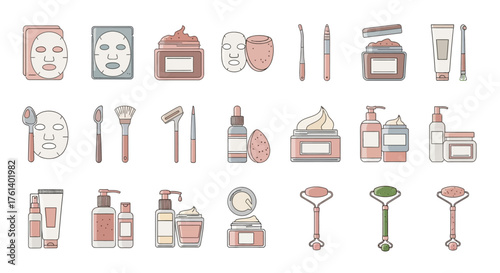 Skincare 21 items various products  tools masks creams brushes  rollers arranged against a white background