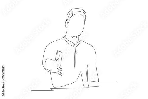 Office staff shake hands to greet loyal customers. Greeting familiar customers concept one-line drawing