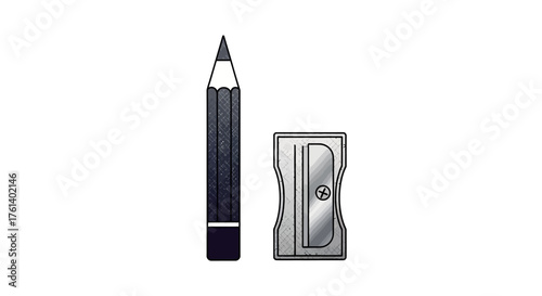 A sharpened pencil stands beside a gray metal sharpener