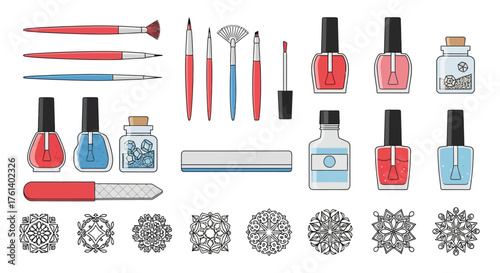 Manicure supplies brushes nail polish cleaning tools files and artistic mandalas