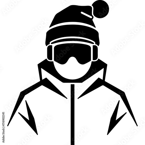 Skier wearing a winter hat and warm jacket. Engraving minimalistic vector in black ink drawing on transparent background
