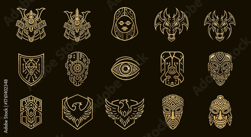 Collection of golden tribal mask designs and fantasy creature illustrations
