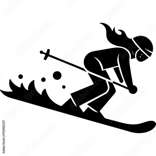 Female skier racing down a ski slope. Engraving minimalistic vector in black ink drawing on transparent background