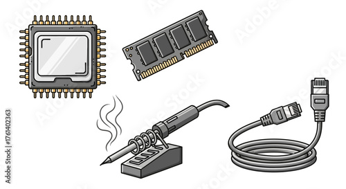 Computer hardware components cpu ram soldering iron and ethernet cable vector