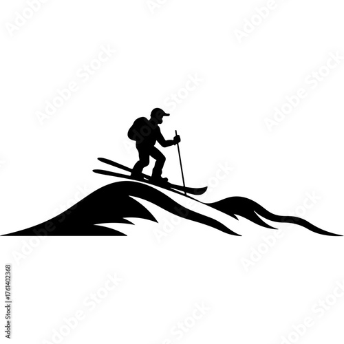 Athlete skier climbing a snowy hill. Engraving minimalistic vector in black ink drawing on transparent background