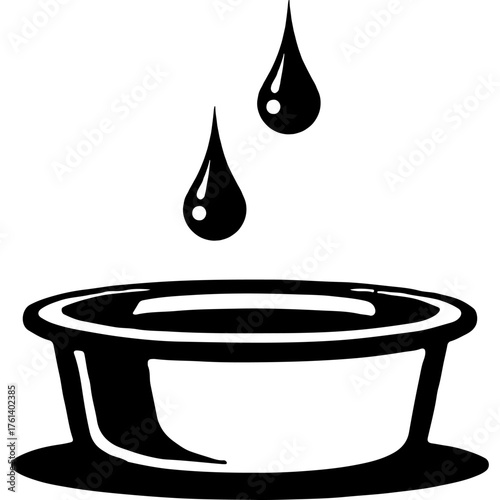 Drops of medicine are dripped into pet bowl to prevent diseases. Engraving minimalistic vector in black ink drawing on transparent background
