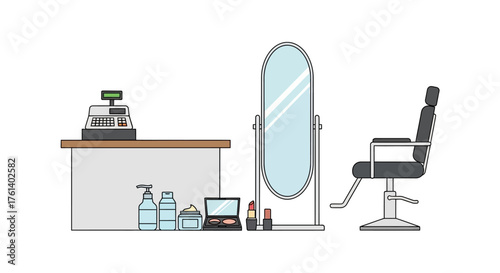 Salon scene with a cashier desk cosmetics tall mirror and black adjustable barber chair