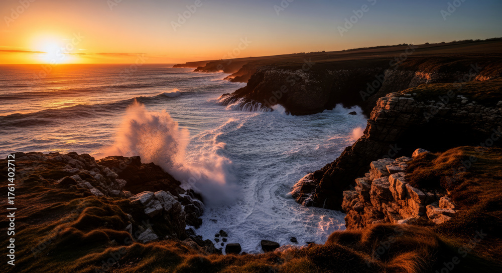 Fototapeta premium Waves crash against the rocky coast at sunset, creating a dramatic display of natures power and beauty