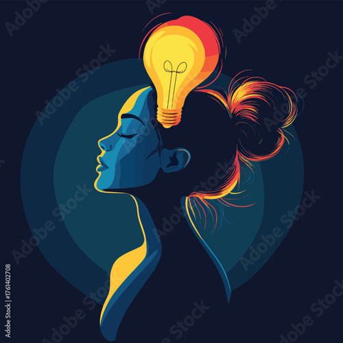 A pensive woman in profile with a luminous lightbulb over her head, representing creativity and innovation.   , vector style simple color