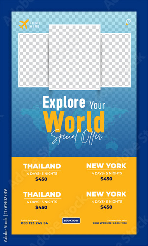Travel agency instragram story and flyer design of summer beach, Tour travel holiday tourism marketing social media post. Digital advertising illustration, promotion Banner.
