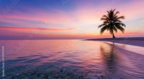 A tranquil sunset bathes a tropical beach with a solitary palm tree, casting a warm glow over the serene ocean