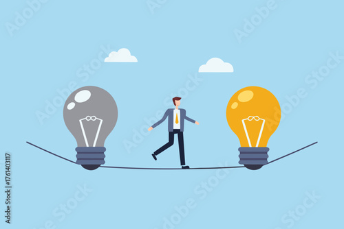 Businessman walking a tightrope between a gray light bulb and a glowing yellow light bulb symbolizing ideas and innovation