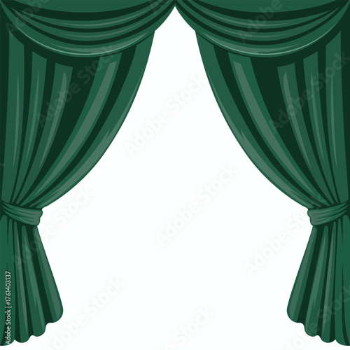 Elegant Green Curtains Draped with Graceful Swags and Tied Back Bows Perfect for Theater or Home Staging Concept