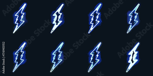 Eight stylized blue neon lightning bolt icons arranged in a grid on a dark background