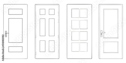 Collection of four different interior and exterior door designs with panels and handles in a simple line drawing style