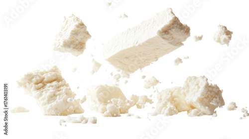 Crumbled feta cheese pieces isolated on transparent background