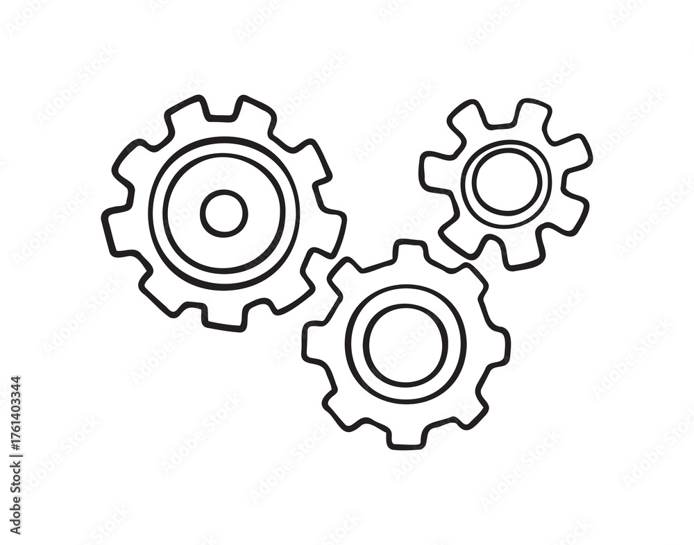 Obraz premium cogs and gears doodle hand drawn icon. Outline drawing settings three cogs and gears line clipart symbol