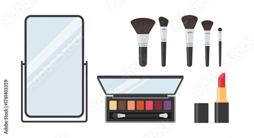 Makeup set with brushes eye shadow palette lipstick and mirror