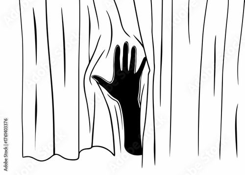 Black and white human hand's shadow seen through thin, white, translucent fabric. Fabric wrinkled and soft waves, creating textured background.