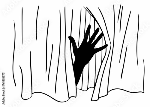 Black and white human hand's shadow seen through thin, white, translucent fabric. Fabric wrinkled and soft waves, creating textured background.