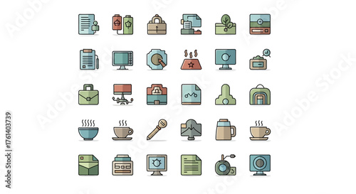 Array of officethemed icons with pastel colors and black outlines arranged in a 6x5 grid on a white background