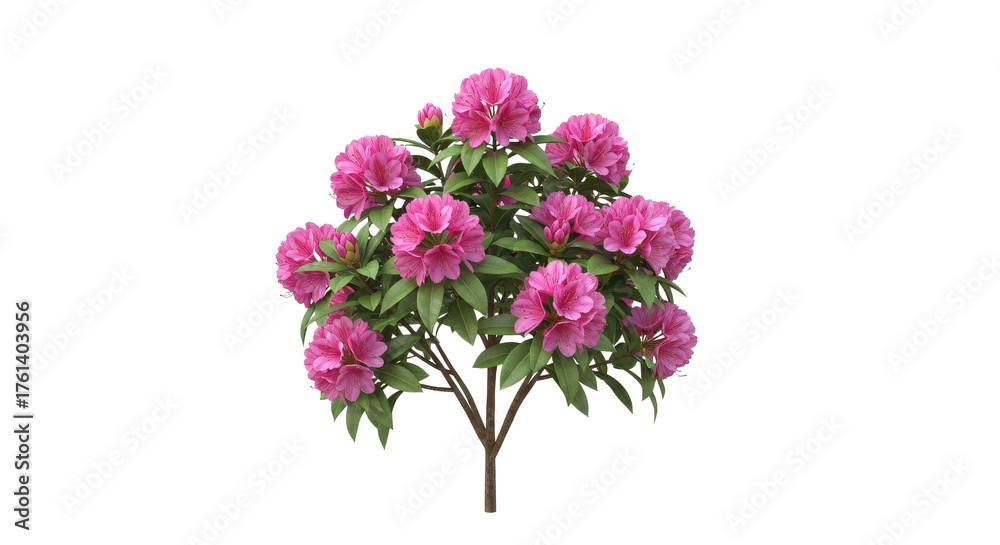 Obraz premium Vibrant pink rhododendron bush bursting with lush green leaves, perfect for garden design and springtime beauty.
