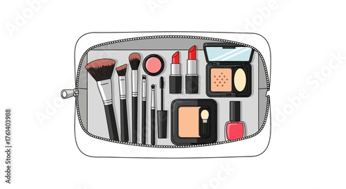 An opened makeup bag containing makeup brushes lipstick eyeshadow palettes and nail polish