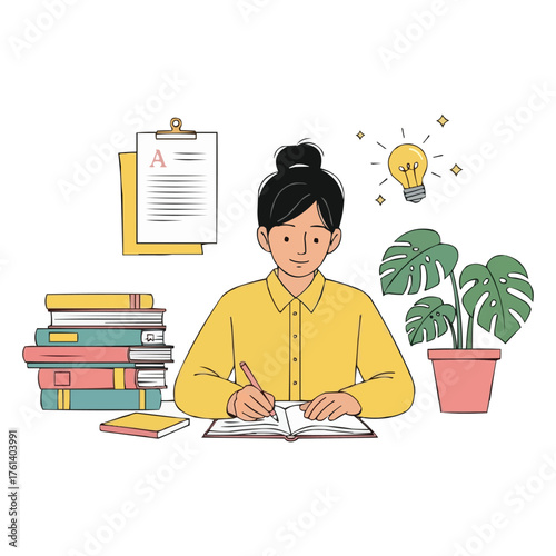 Flat design woman focused on writing inspiring ideas surrounded by books and plants