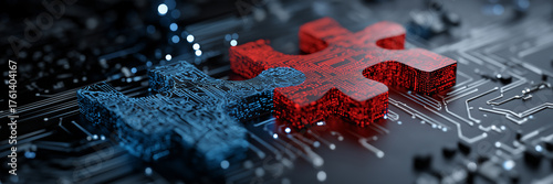 Abstract 3D glowing blue red puzzle connect symbolize teamwork collaboration problem solving banner.