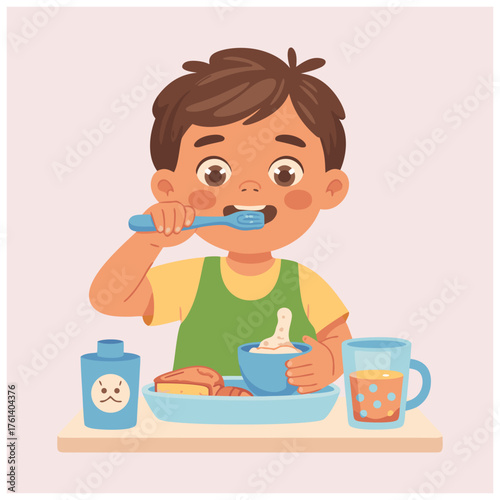 A flat vector illustration of a cute preschool boy busy with his morning routine.