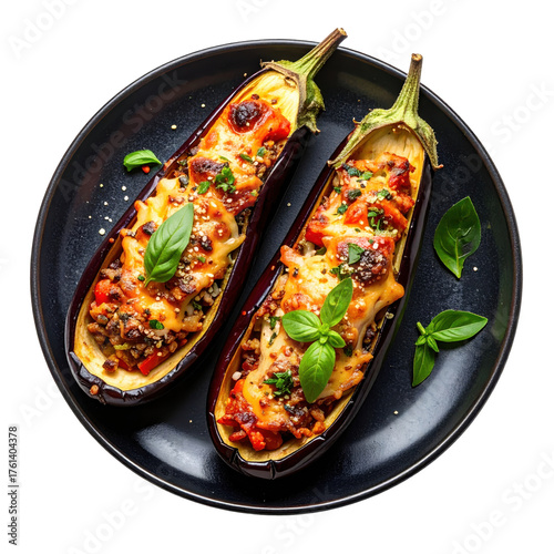 Stuffed eggplant halves with melted cheese and basil on a black plate top view isolated white background