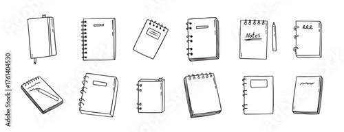 notebook doodle hand drawn icon set. Outline drawing notebooks line clipart symbol. Isolated doodle exercise book