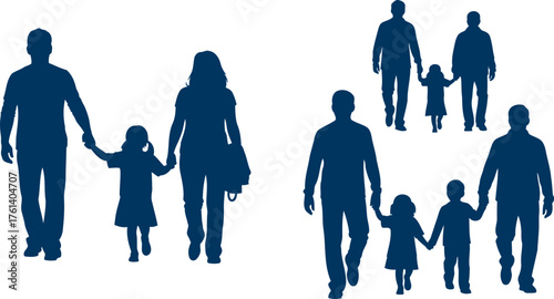 Diverse family silhouettes walking together holding hands parents and children silhouette