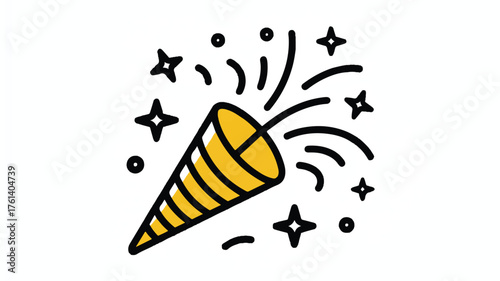 Yellow party popper with black confetti and stars on white