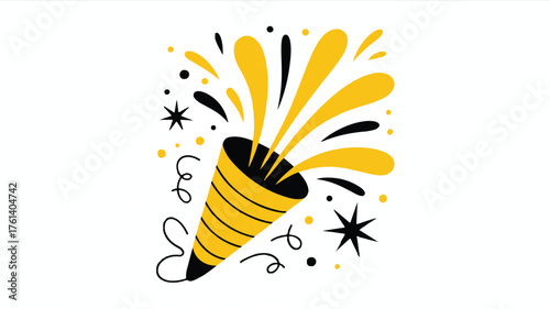 Yellow and black party popper exploding with confetti on white