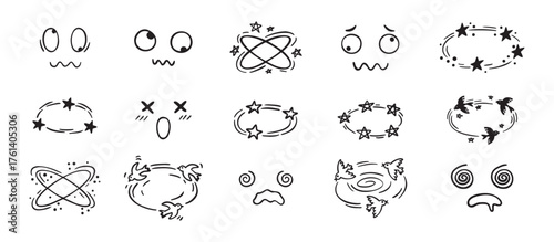 Dizzy effect drawing hand drawn doodle cartoon set. dizzy faces, birds and stars overhead emotions drawing.