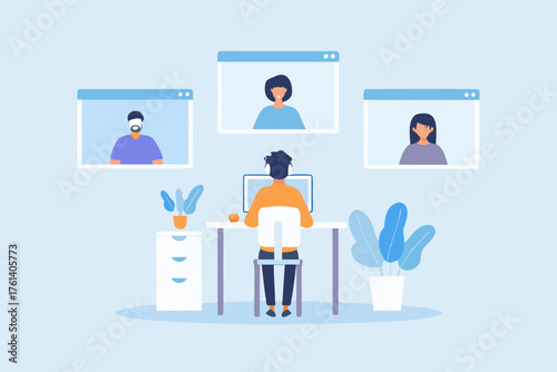 Person participating in a video conference call with colleagues from home office setup