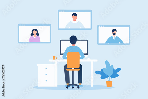 Man working from home on computer with video conference calls from colleagues